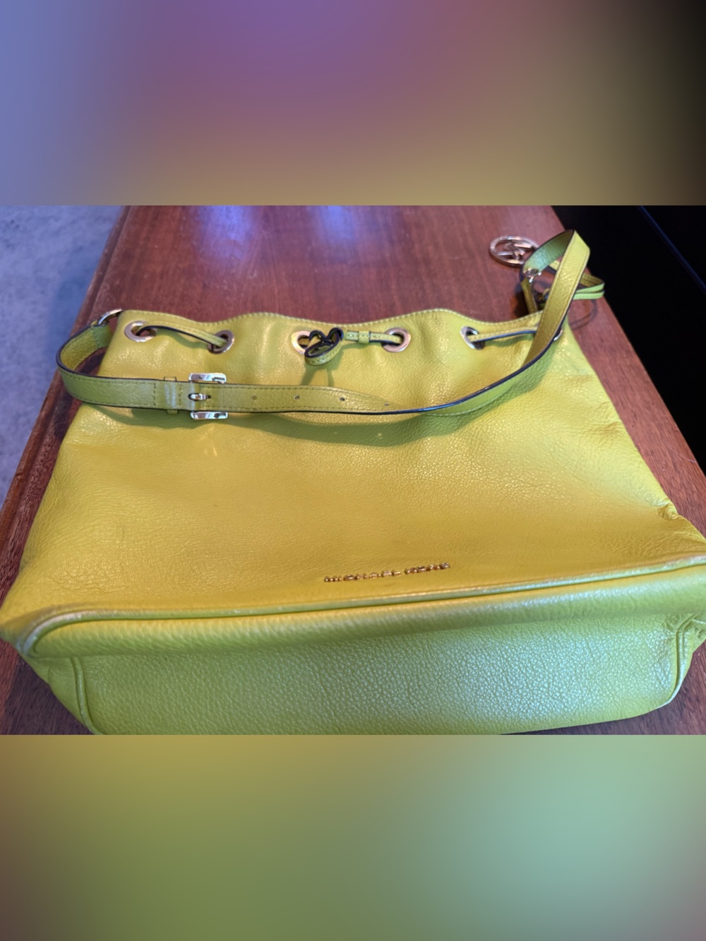 Bright Green  Leather Drawstring Tote Bag By Michael Kors - Picture 2 of 13